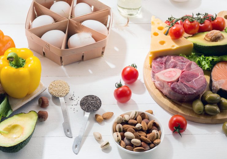 Ketogenic low carbs diet - food selection on white background